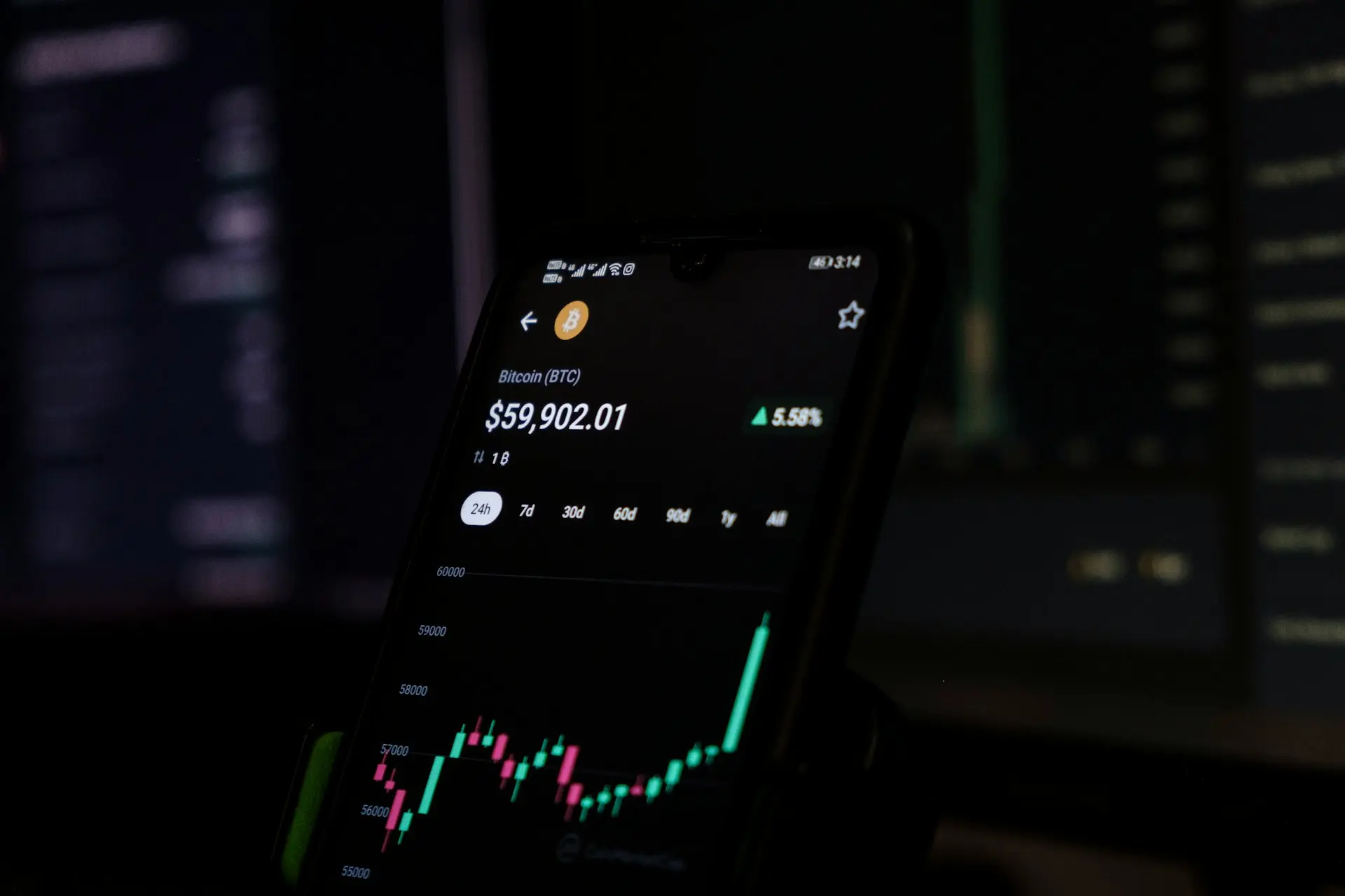 a cell phone displaying a stock chart on the screen